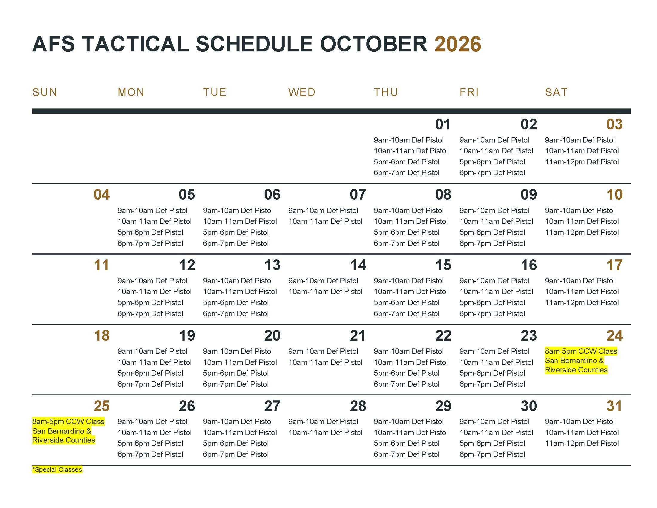 AFS Tactical Class Schedule August 2026